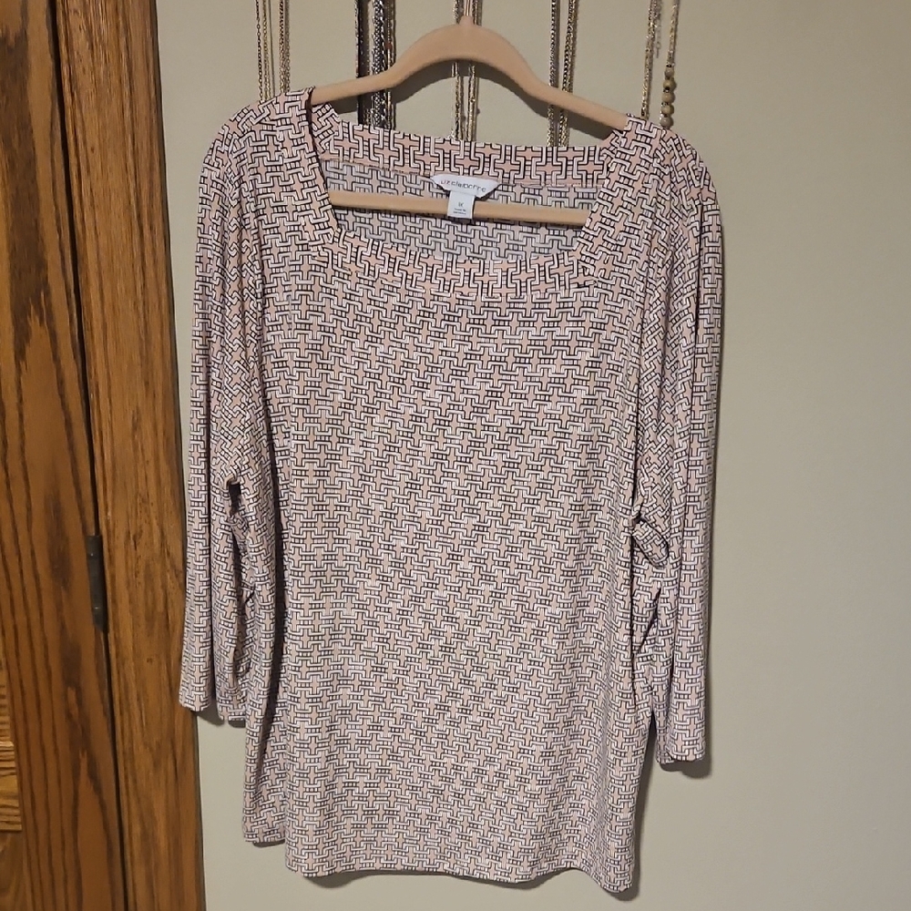 Liz Claiborne Pink and Black Geometric Square-Neck Long Sleeve Top